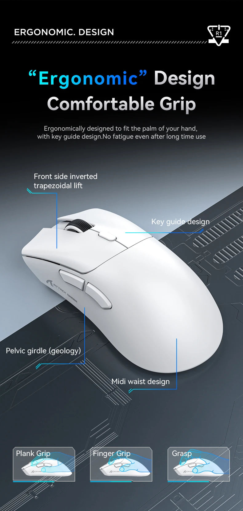 Lightweight ATTACK SHARK R1 Wireless Gaming Mouse Tri Mode 2.4G Bluetooth Wired RGB Ergonomic Programmable Mice For Laptop PC