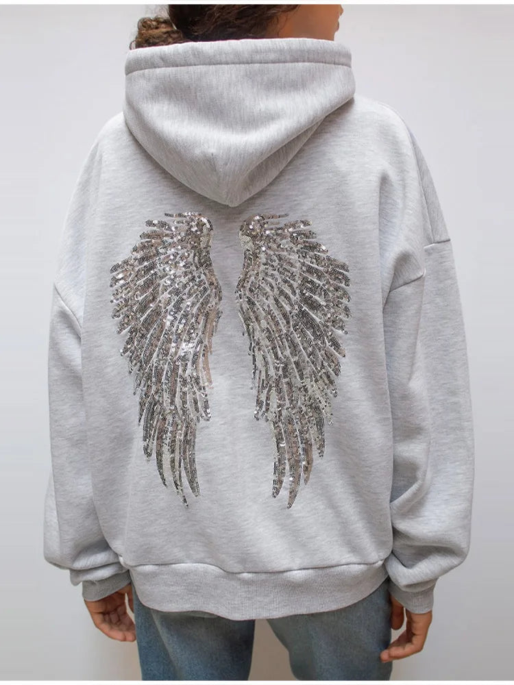 Trendy Creative Hooded Sweatshirt Wing Patterns Chic Designed Fashion Casual Long Sleeved Tops Versatile Women's Autumn Wear