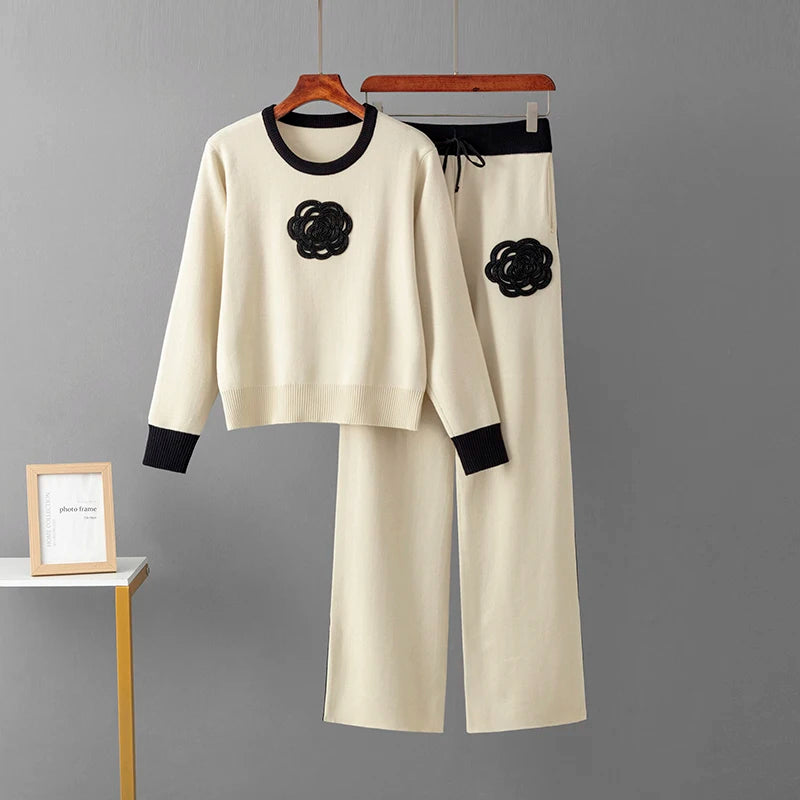 Autumn Color-Block Knit Set | Loose Split Top & Wide Leg Pants