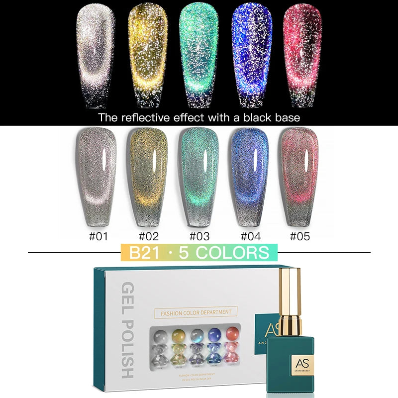 AS 15ml Glitter Cat Magnetic Nail Gel Polish Set 5 Colors Holographic Semi Permanent UV Gel Soak Off Sparkling Nail Art Varnish