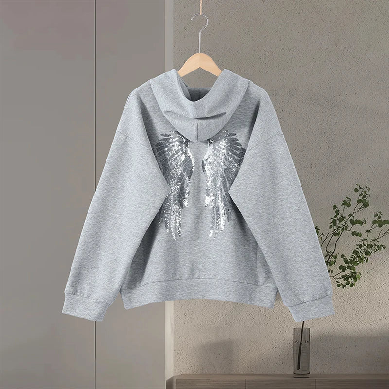 Casual Sequin Wings Hooded Sweatshirt Pant Set Women Solid Loose Full Sleeve Pullover Suit 2026 Spring Autumn Lady Daily Outfit