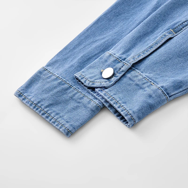 Heavy duty washed denim jacket for men vintage blue lapel long sleeved shirt style jacket casual and loose outer wear