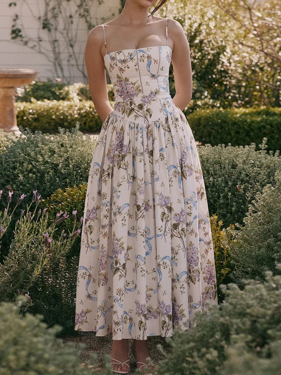 Floral Print Spaghetti Strap Midi Sundress - Elegant Boho Chic Summer Beach Dress