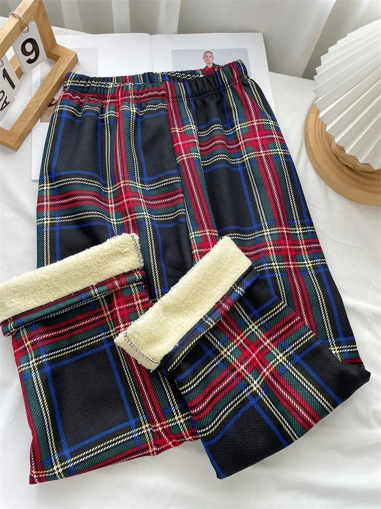 Plaid Plush Wide-Leg Trousers