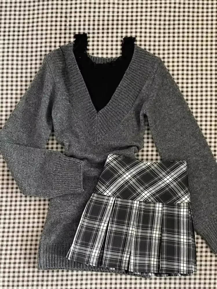 Japanese Sweet Lolita 2 Piece Sets Women Retro Off Shoulder Bow Blouse Tops Plaid Cake Mini Skirt Girls Kawaii Y2k Slim Outfits