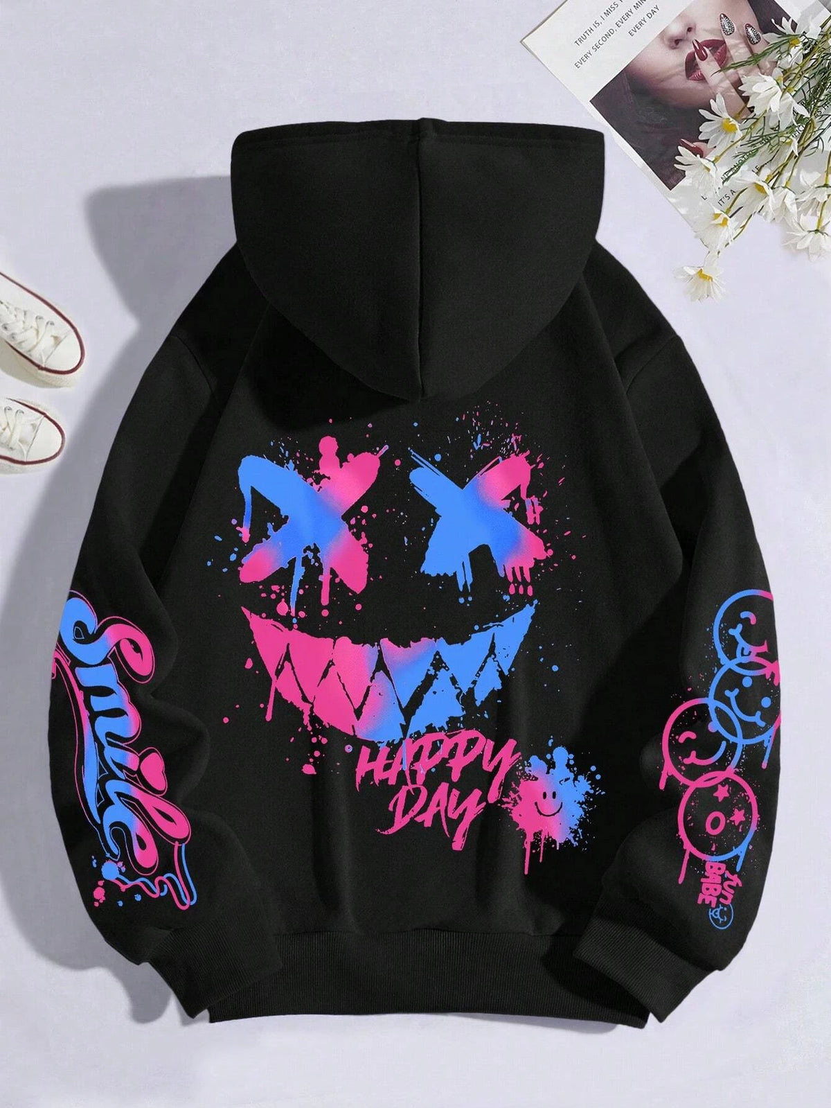 Happy Day Women's Oversized Graffiti Hoodie