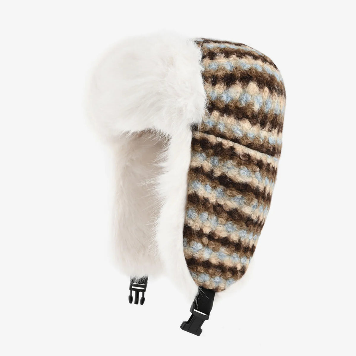 Winter Striped Knit Faux Fur Trapper Hat Women Thermal Fluffy Ushanka Earflap Cap Vintage Skiing Bomber Trooper Bonnet Pattern
