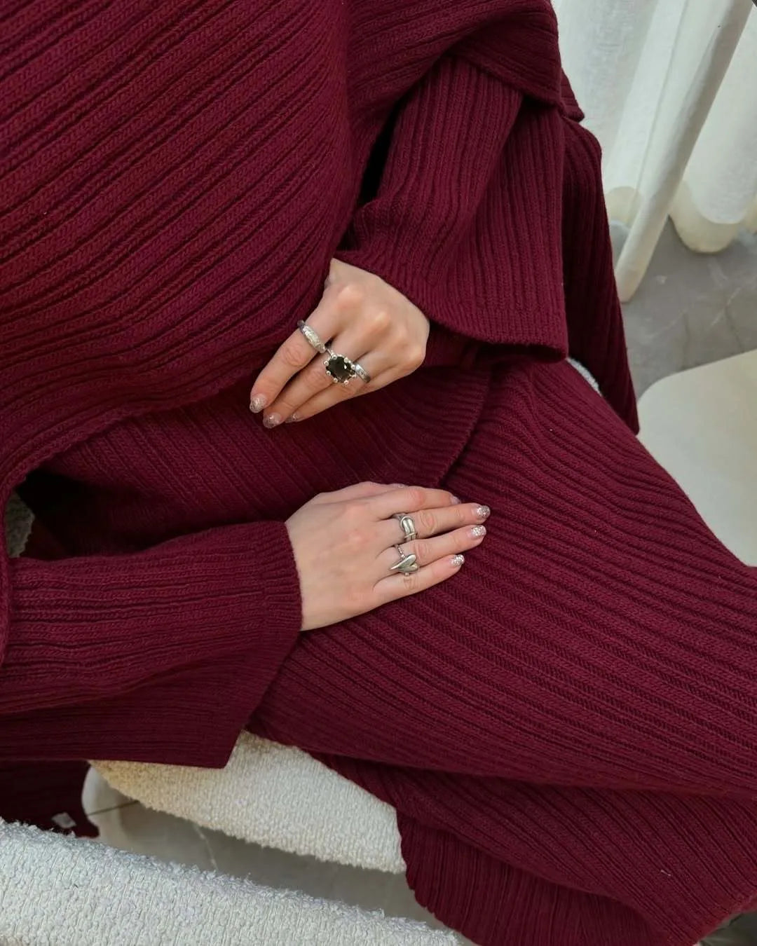 Hirsionsan Sexy Soft Elegant Vintage Women Suits 2 Pieces Female Sets Polo Neck Cardigan Sweater & Midi Dress Knitted TrackSuit