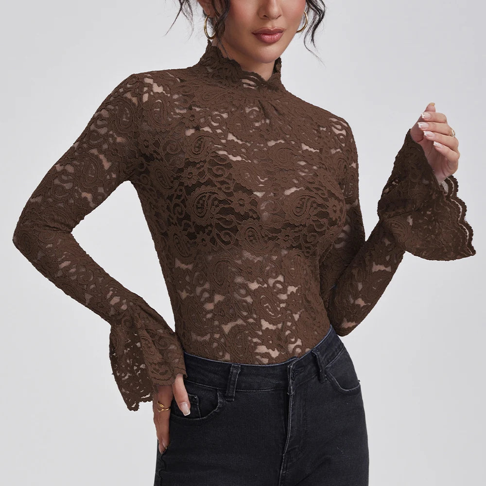 Elegant Floral Lace Turtleneck Blouse