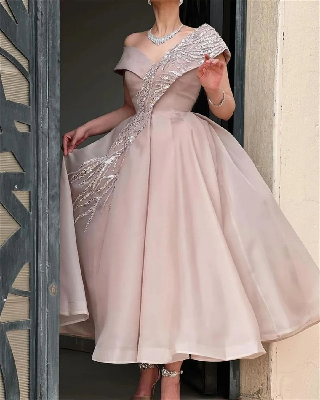 One-Shoulder Sequined Midi Evening Gown