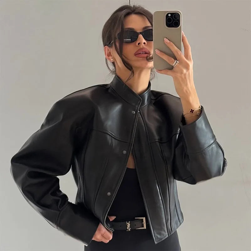 Slim Fit Faux Leather Jacket Women Classic Moto Biker PU Fitted Zipper Jackets Spring Autumn Basic Coat Office Street Outerwear