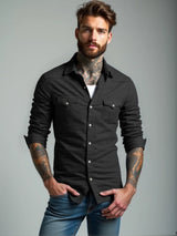 RVHS Elastic Cotton Denim Shirt Men Long Sleeve Quality Cowboy Shirts for Men Casual Slim Fit Mens Designer Clothing