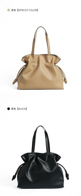 Autumn Winter High-End Leather Bucket Bag Drawstring Pleated Soft Cowhide Single Shoulder Tote Lucky Bag for Women