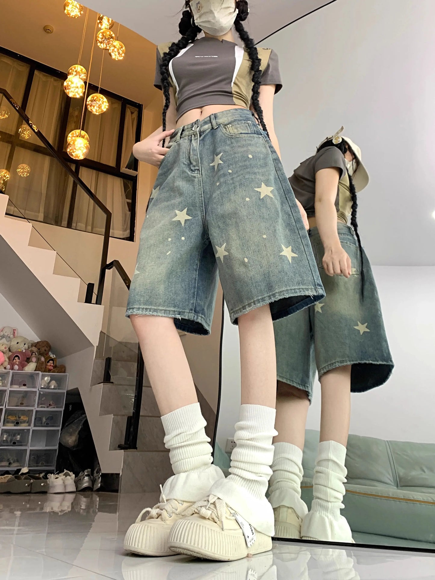 Floral Wide-Leg Women's Jeans – Retro Star Print