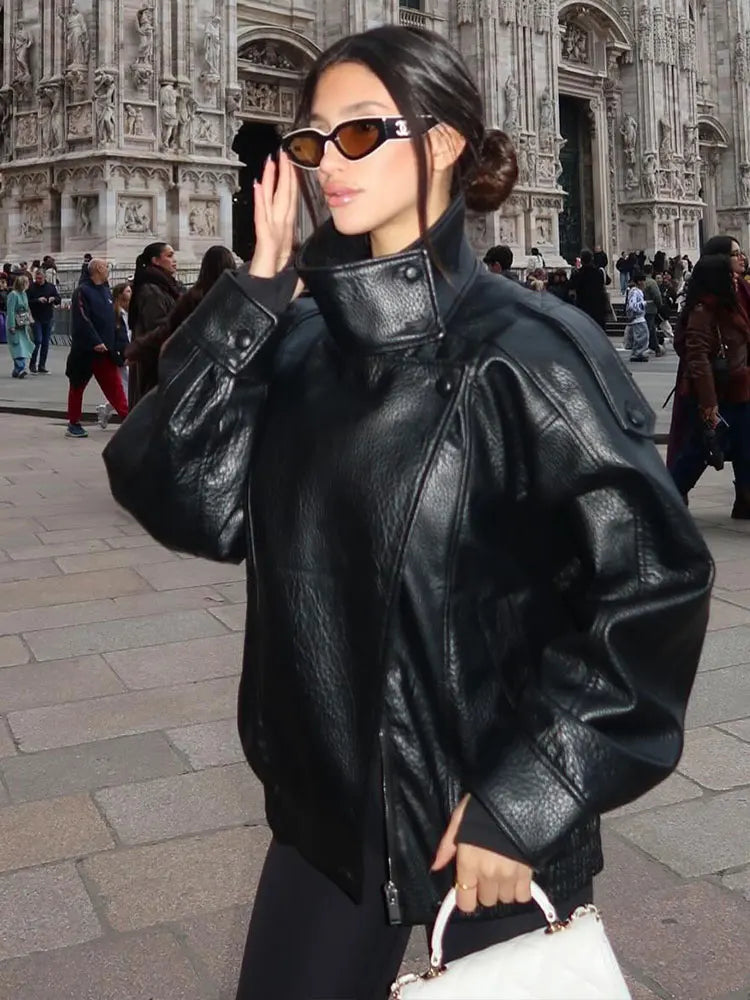 HH 2026 Women Trend Pu Leather Black Coats Stand Collar Long Sleeve Zipper Jacket Woman Fashion Vintage High Street Pu Jackets
