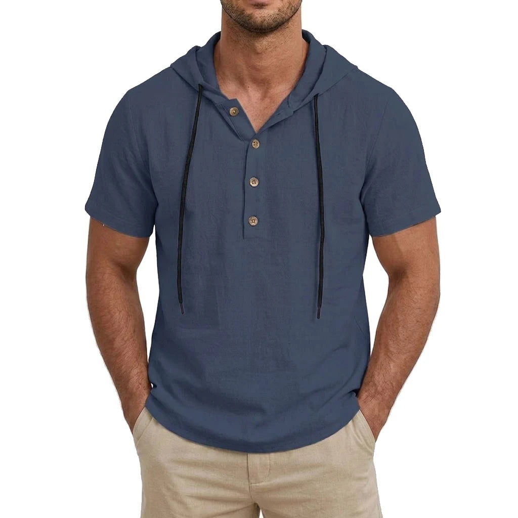 Men's Linen Cotton Hooded Shirt — Lightweight Short Sleeve Button Top