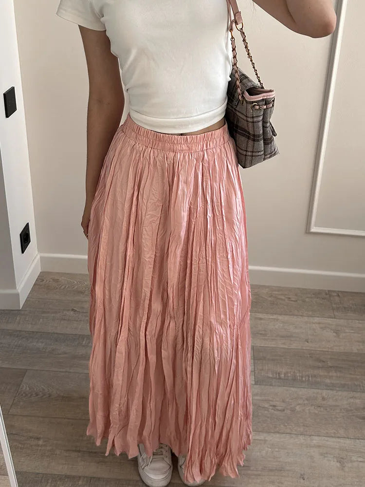Women's Pleated Maxi Skirt – Elegant A-Line Beach Style