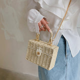 Rattan Straw Shoulder Bag Women Boho Hand-Woven Basket Messenger Pouch Summer Beach Square Box Top-handle Handbag