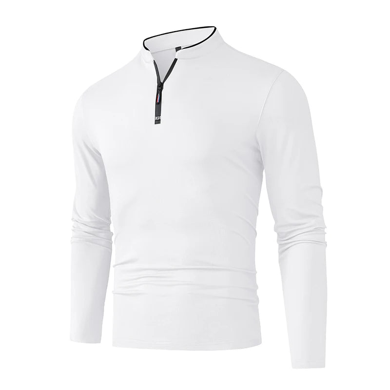 Men's Zipper Polo Shirt – Solid Color Long Sleeve