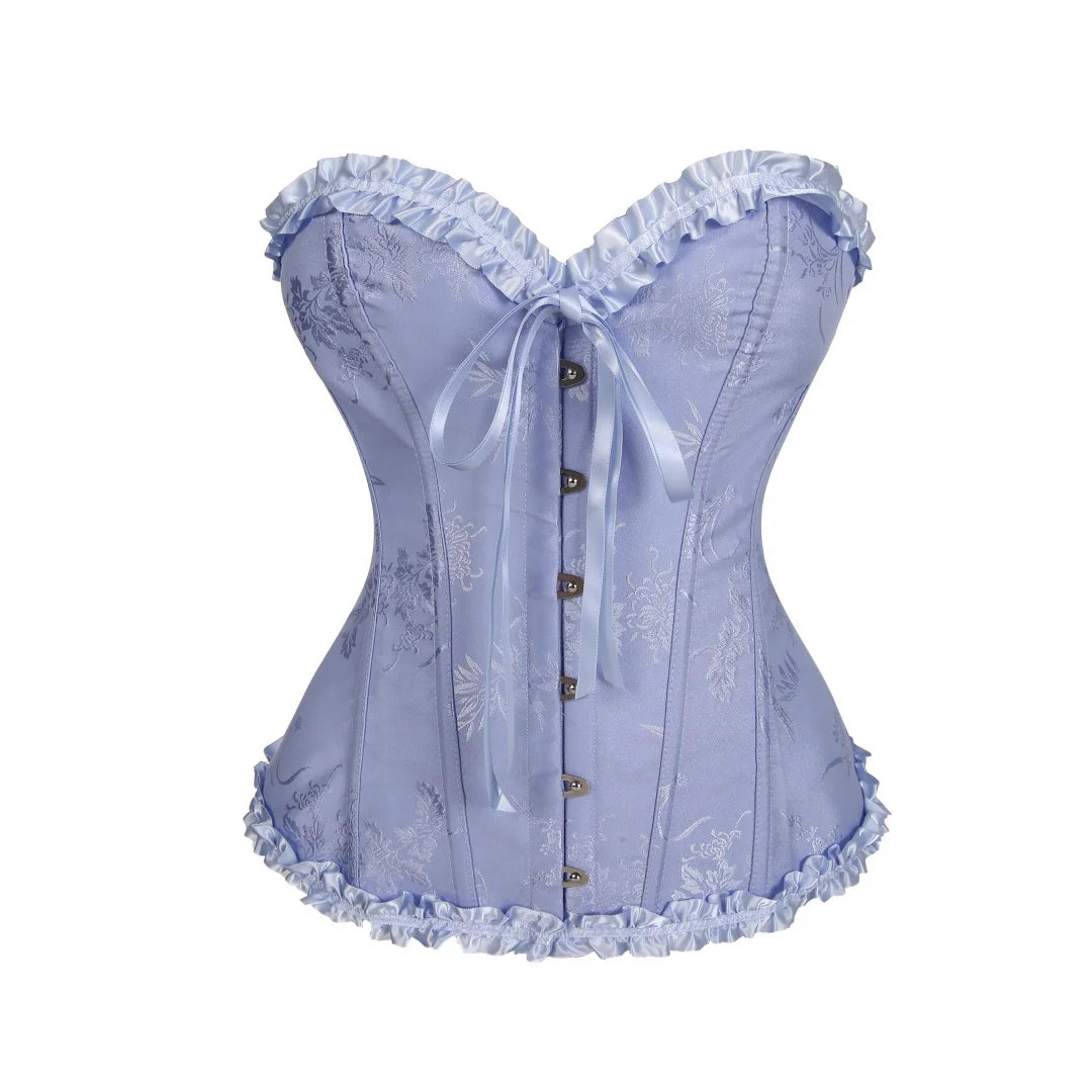 USA-Made Jacquard Ruffled Overbust Corset – Gothic Victorian Push-Up Bustier