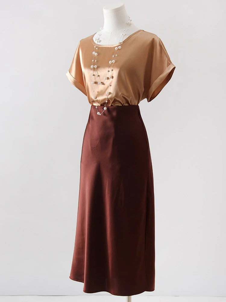 Women's Satin Midi Skirt – Elegant A-Line with Slit
