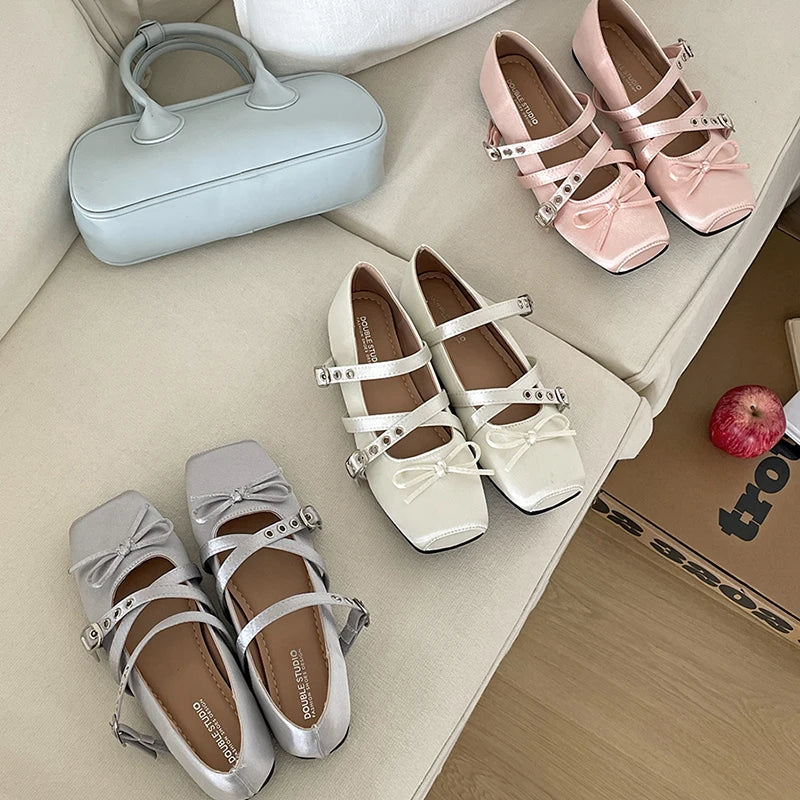 Butterfly Knot Ballet Flats – Elegant Square Toe Women's Flat Shoes