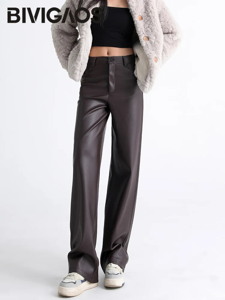 Women's High Waist Faux Leather Wide Leg Fleece Pants