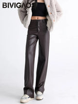 Women's High Waist Faux Leather Wide Leg Fleece Pants