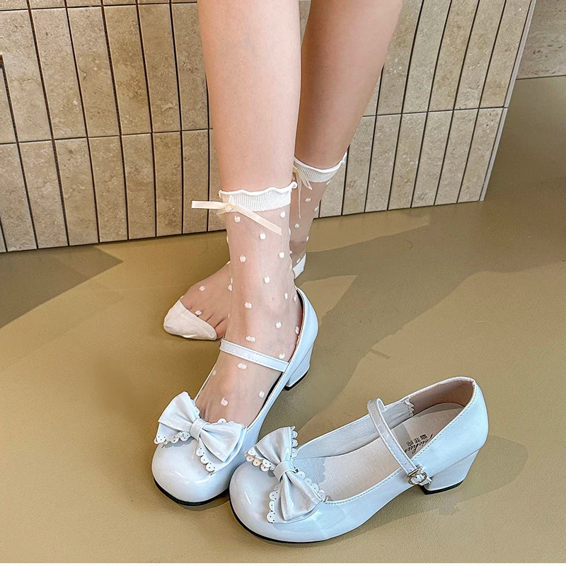 Cute Butterfly-knot Women Lolita Mary Jane Shoes Concise Thick Heel Leather Shoes Ladies Shallow Pumps
