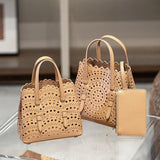 New Tote Bag French Cowhide Handmade Bag Niche Laser Engraved Hollow Leather Vegetable Basket Bag Casual Versatile Temperament
