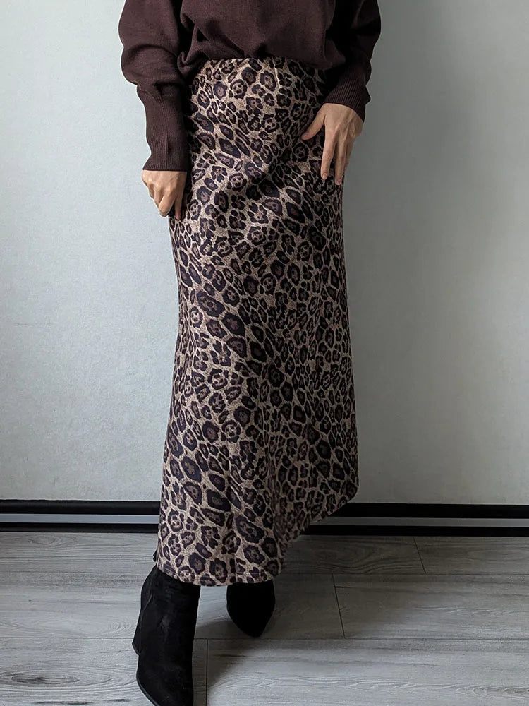Leopard Print Suede Maxi Skirt – Women's Autumn Winter