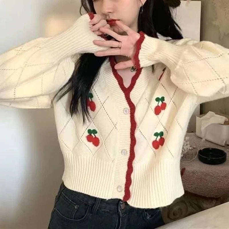 Floral V-Neck Button-Up Knit Cardigan for Women