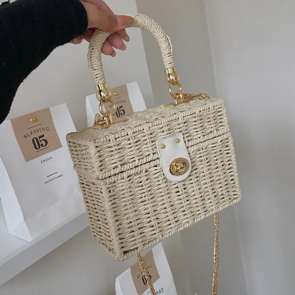 Rattan Straw Shoulder Bag Women Boho Hand-Woven Basket Messenger Pouch Summer Beach Square Box Top-handle Handbag