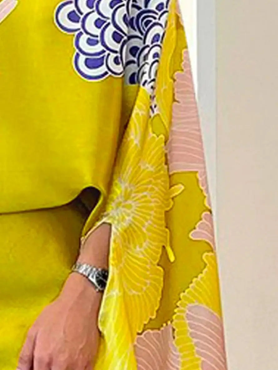 Yeezzi Floral Batwing Blouse & High-Waist A-Line Skirt
