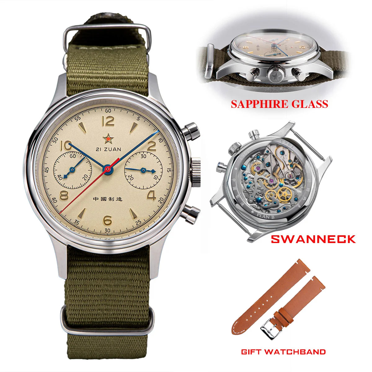 38mm 1963 Mens Watch Polit Chronograph Wristwatch ST1901 Mechanical Original Air Force 40mm Acylic Reloj Homber Tianjin Movement