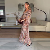 Women V Neck Vintage Vine Print Batwing Sleeve Maxi Dress Drawstring Waist Loose Flare Long Dress Mesh Texture Beach Vacation