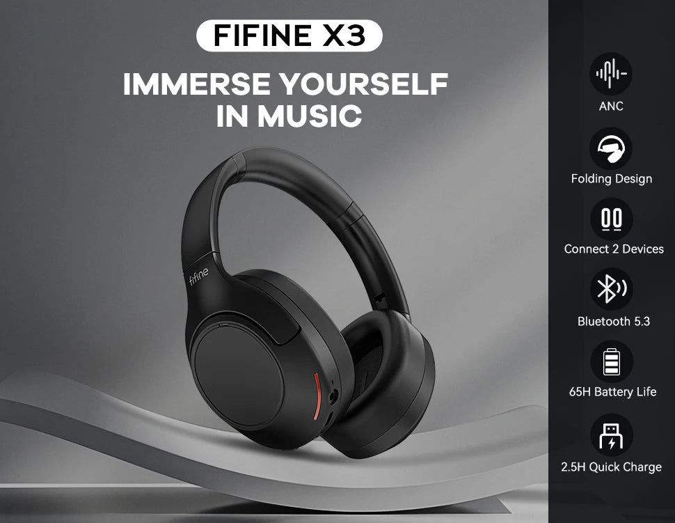 FIFINE Bluetooth wireless headset,Noise Canceling Headphones with Transparency Mode,Deep Bass,Clear Calls,80H Playtime -X3