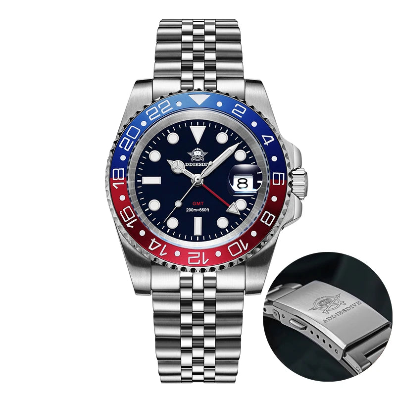 ADDIESDIVE AD2050 Men GMT Watch Swiss Ronda 515-24 BGW9 Super Luminous 20Bar Waterproof Reloj 316L Stainless Steel Quartz Watch