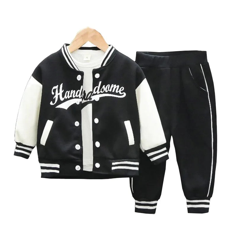 3pcs Set Kids Boys Clothes Baseball Coat+T-Shirt+Pant Spring Autumn Letter Print Sweatshirts Black Sports Casual Outfits Clothes