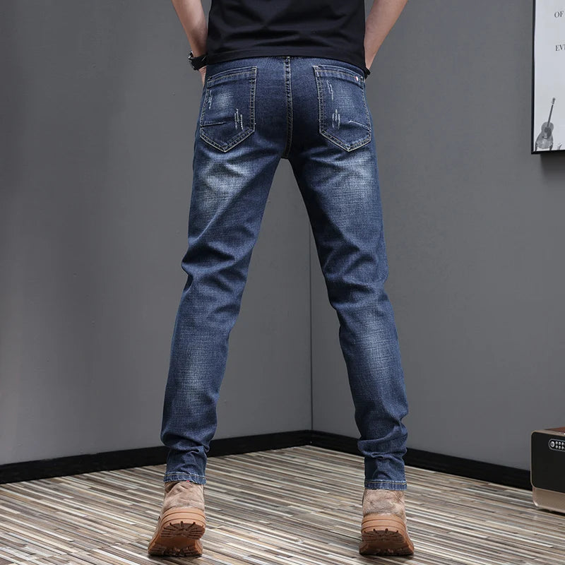 Embroidered Jeans Men's Autumn Winter New Korean Fashion Slim Little Feet Trousers Stretch Vintage Street Denim Trousers Male