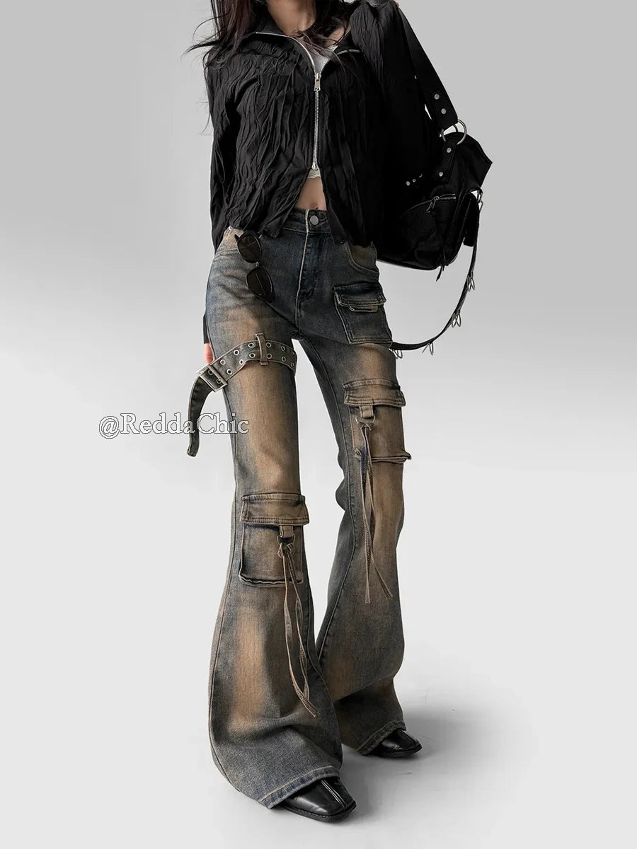 Women's Y2K Cargo Flare Jeans | Vintage Low Rise