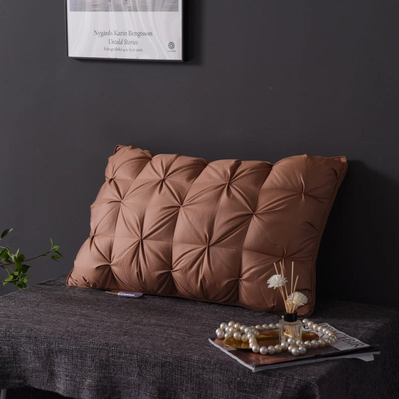 Luxury 100% Goose Down Feather Stuffed Pillows Pinch Pleat Design Neck Protection Bed Pure Cotton Cover Cushion for Sleeping