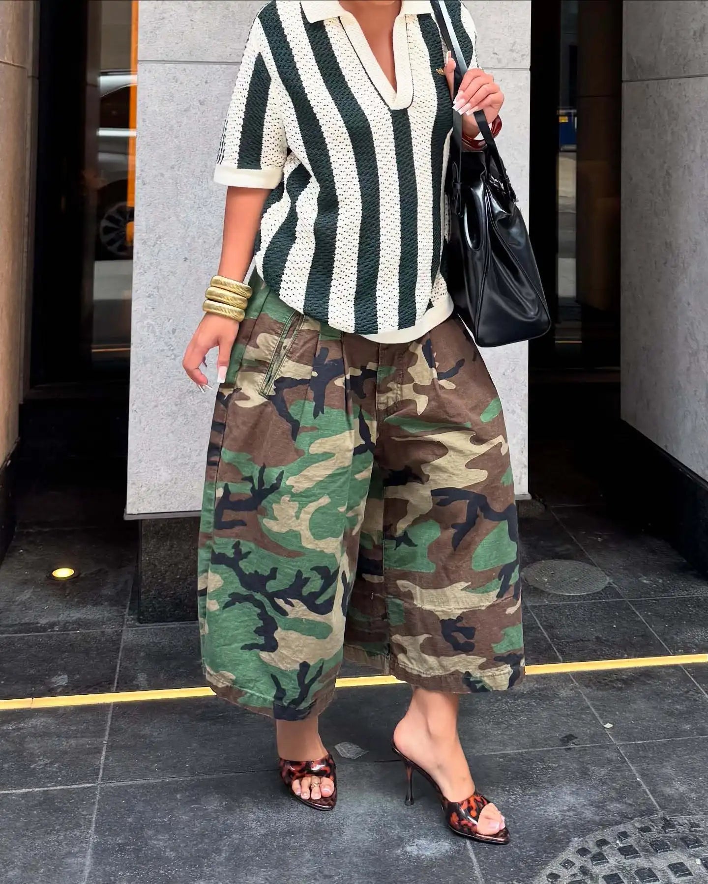 Women's Camo Wide-Leg Streetwear Trousers - High-Waist Vintage Cargo Capris