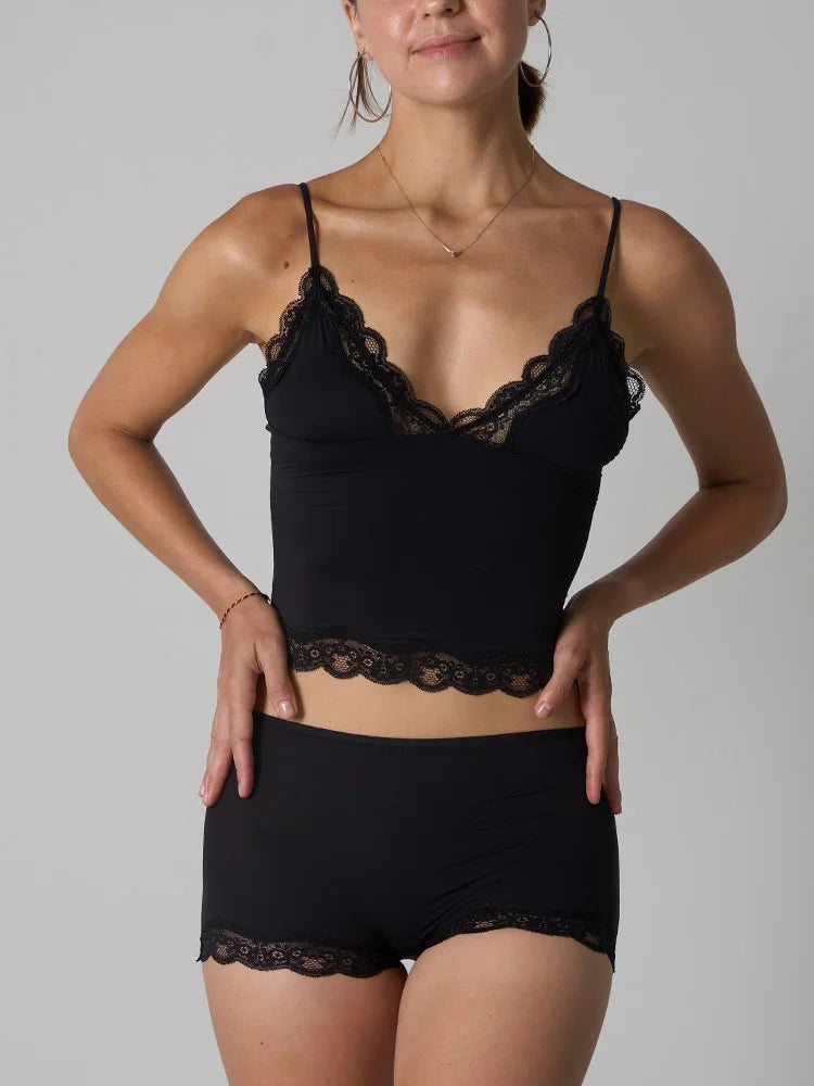 Europe American Simple Pink Light Thin Lace Strap Tank Top Flat Corner Lace Underwear for Women Comfortable Stretchy Short Sets