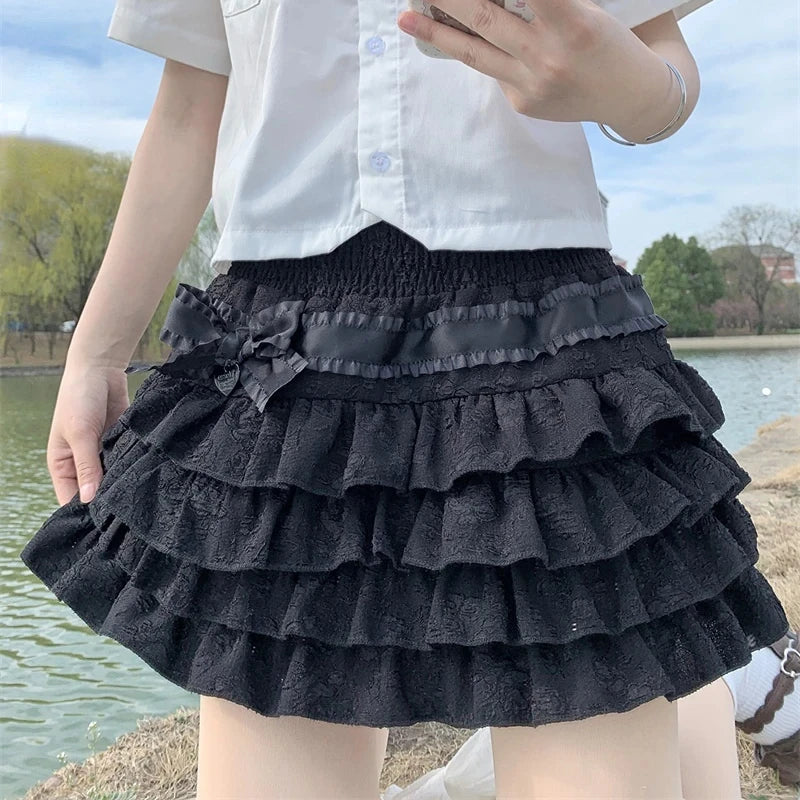 Kawaii Bow Mini Skirt – Ruffle Tiered A-Line