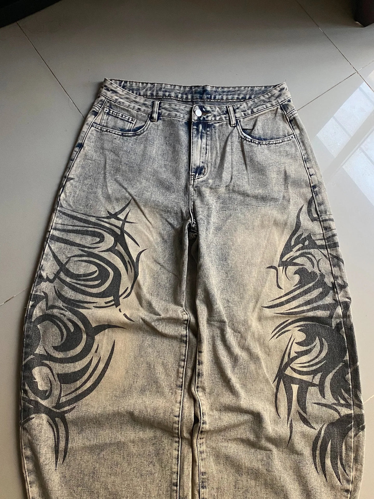 Men’s Y2K Gray Printed Loose-Fit Jeans