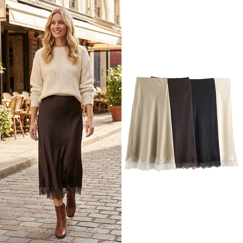 Willshela Lace Hem Pleated A-Line Midi Skirt