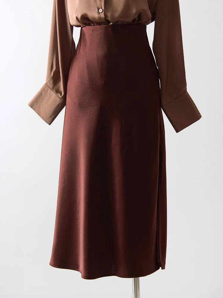 Women's Satin Midi Skirt – Elegant A-Line with Slit