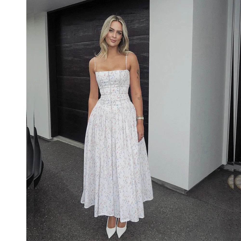 Floral Print Spaghetti Strap Midi Sundress - Elegant Boho Chic Summer Beach Dress
