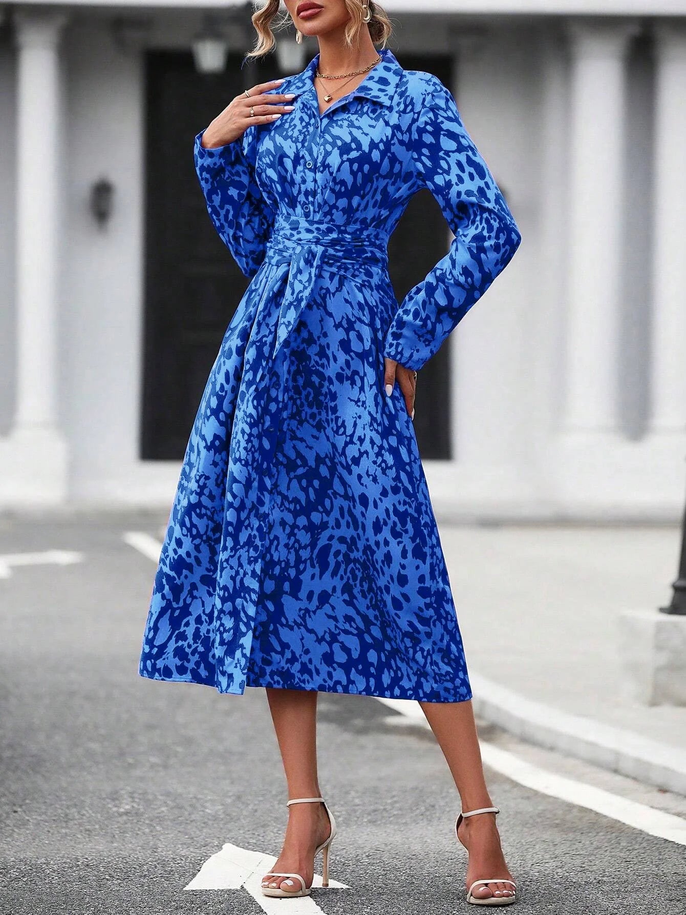 Elegant Print Belted Midi Dress